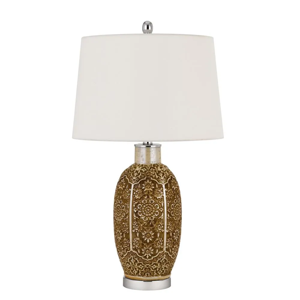 150W 3 Way Olive Ceramic Table Lamp With Hardback Taper Fabric Drum Shade, Cinnamon By Cal Lighting