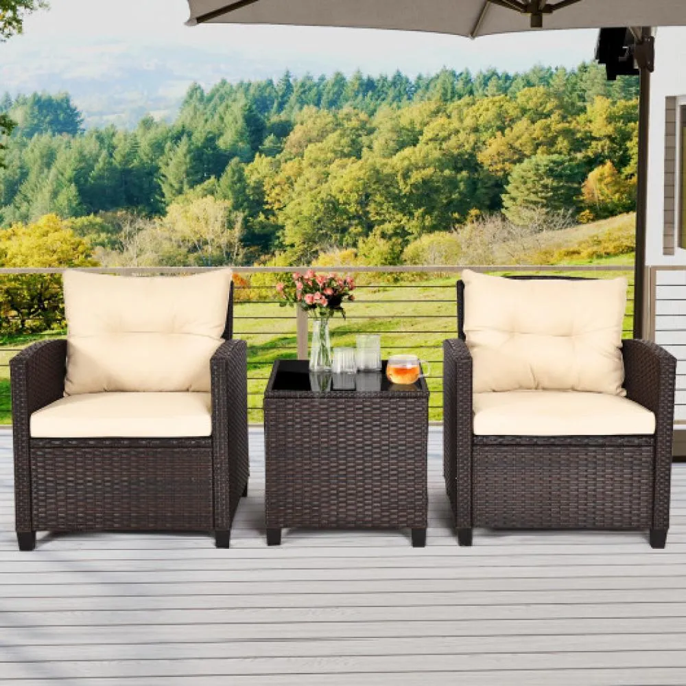 3 Pieces Patio Rattan Furniture Set with Washable Cushions and Tempered Glass Tabletop