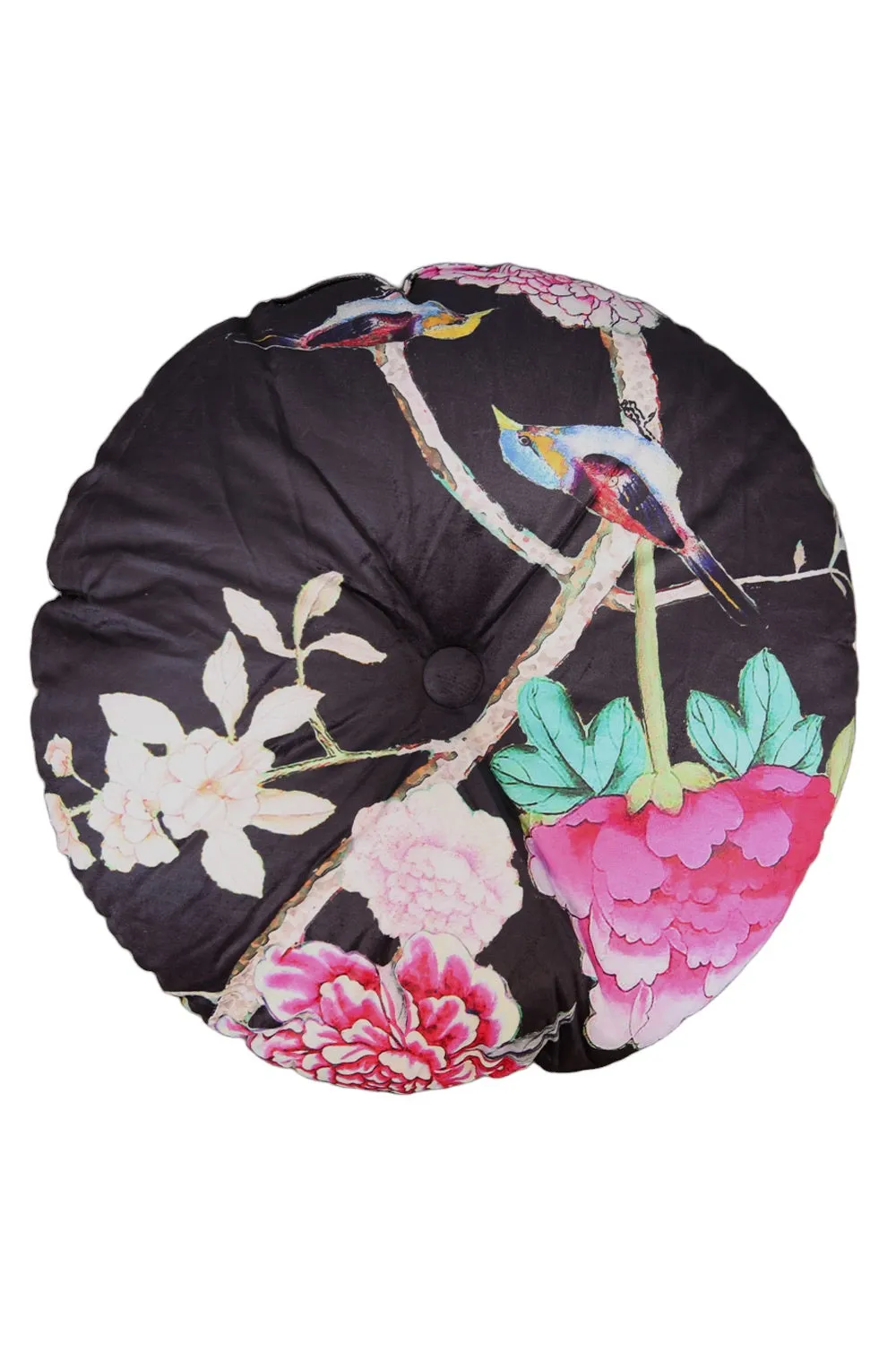 ANNA CHANDLER VELVET ROUND CUSHION BLACK BIRD