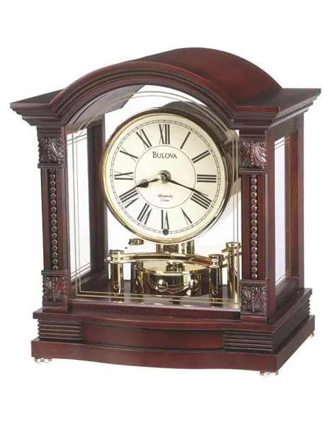 Bardwell Mantel Clock by Bulova - Rotating Pendulum - Wood and Glass Case