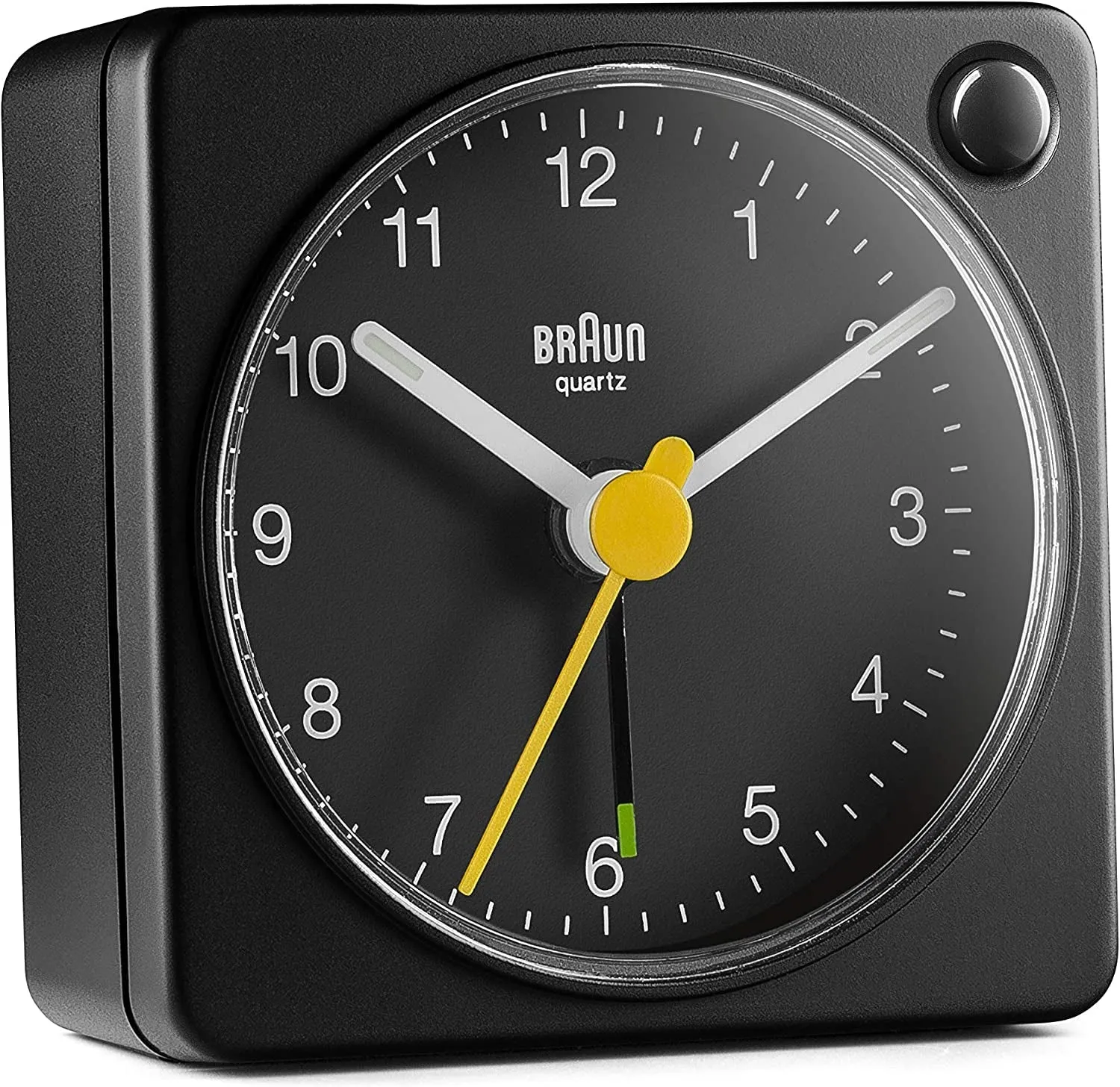 Braun Classic Travel Analogue Clock with Snooze and Light, Compact Size, Quiet Quartz Movement, Crescendo Beep Alarm in Black, Model BC02XB, One