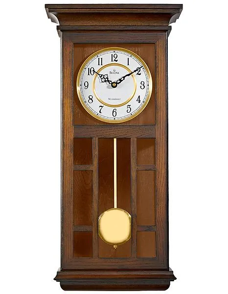 Bulova Mayfair Pendulum Chiming Wall Clock - Antique Walnut Tone - Gold Accents