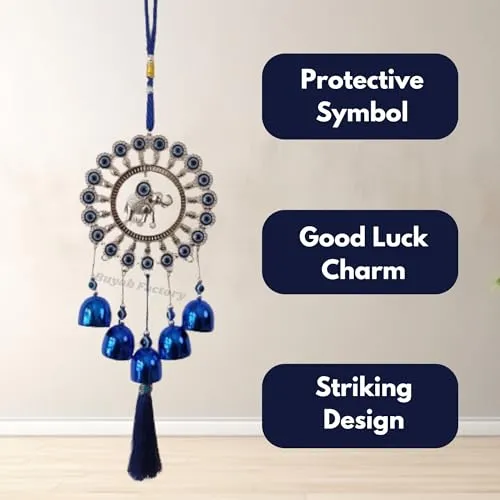 Buyab Factory® Elephant Design Evil Eye Hanging for Home Entrance Door Decoration, Nazar Battu for Home Protection, Good Luck Charm and Prosperity (Blue and Silver)