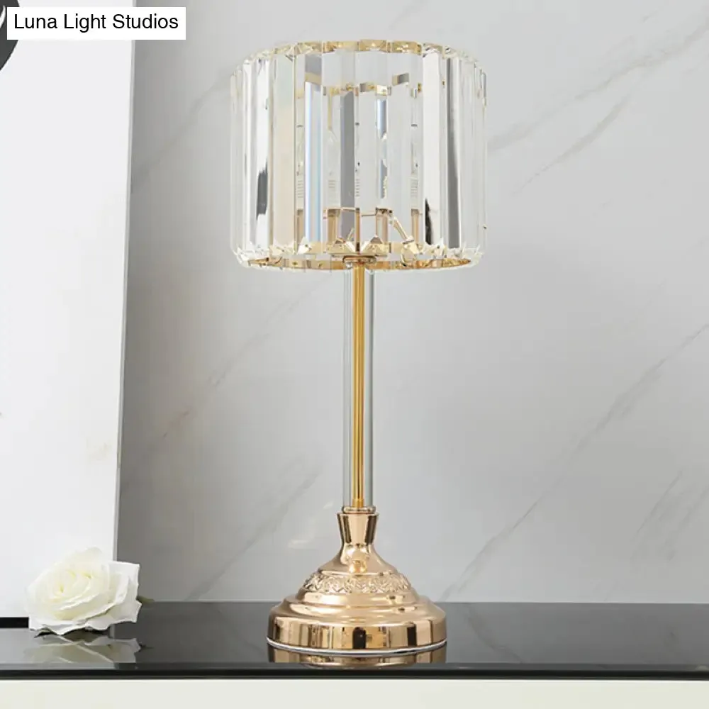 Clear Crystal Table Lamp with Drum Shade - Modern Bedchamber Nightstand Light in Champagne, 10"/8" W