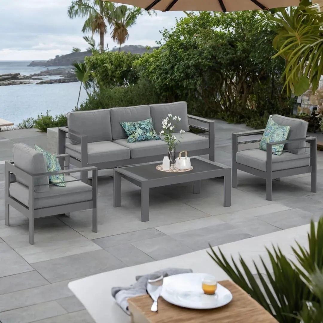 CozyHom 5 Piece Outdoor Patio Aluminum Furniture Sofa Sets All Seasons Patio Metal Sectional Couch Furniture With Table And Cushions, Gray