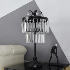 Crystal Dual-Layered Drum Table Lamp - Traditional Bedchamber Night Light (Black)