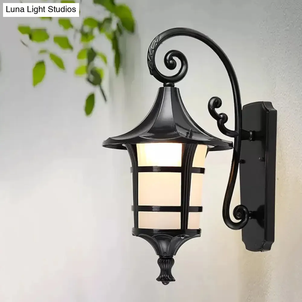 Farmhouse Wall Sconce Light with Opal Glass Shade and Lantern Design, Black/Coffee