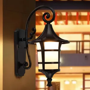 Farmhouse Wall Sconce Light with Opal Glass Shade and Lantern Design, Black/Coffee