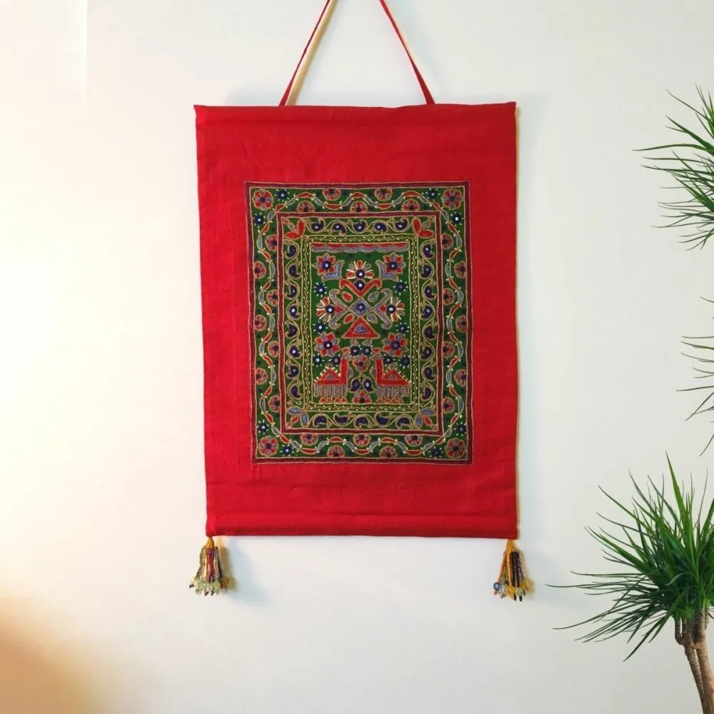 Fiery Red Hand Embroidered Wall Hanging