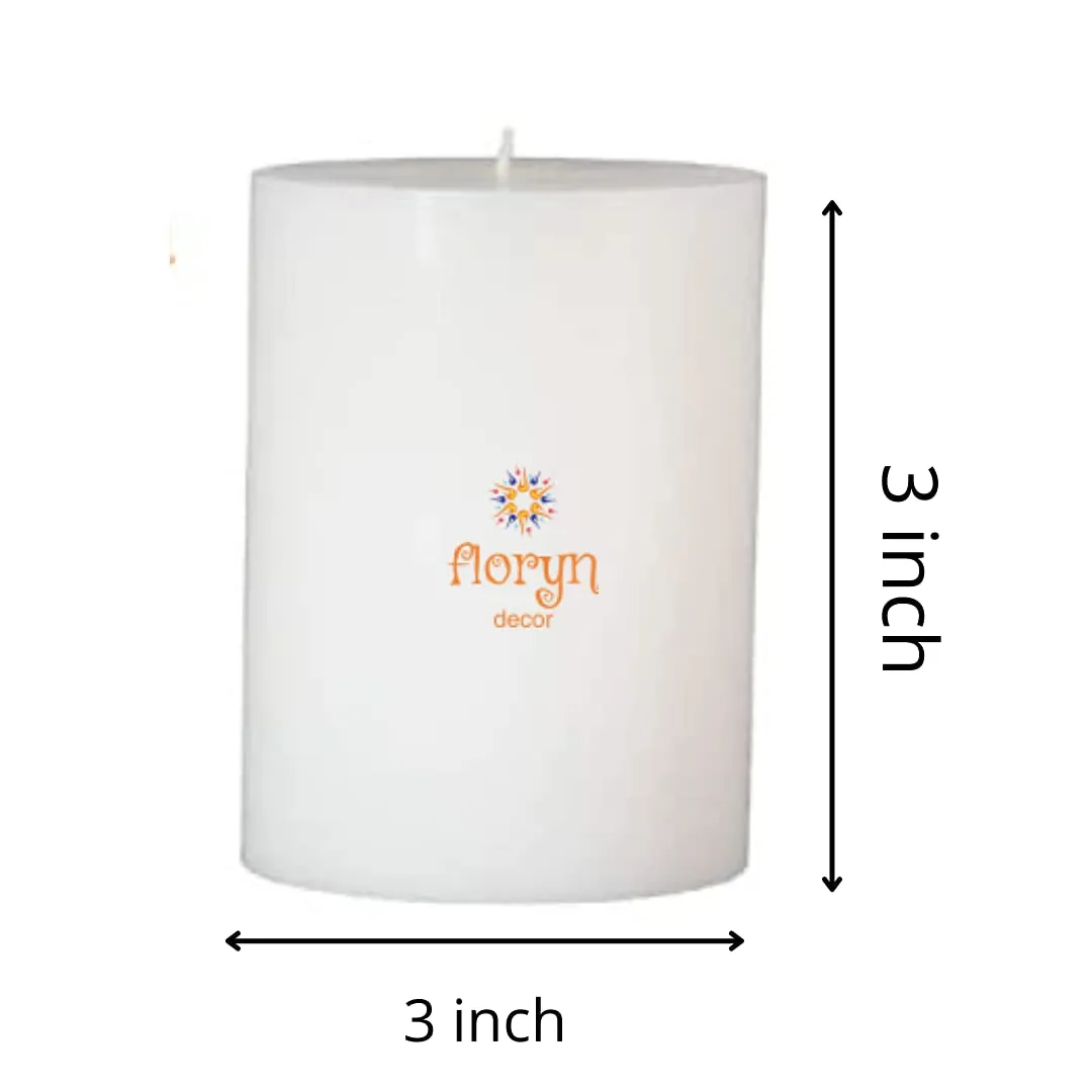 Floryn Decor White Pillar Candles Set of 4 | Smokeless | Odourless | Dripless | Long Burning Candle (Combo of 4) (3 by 3 inches)