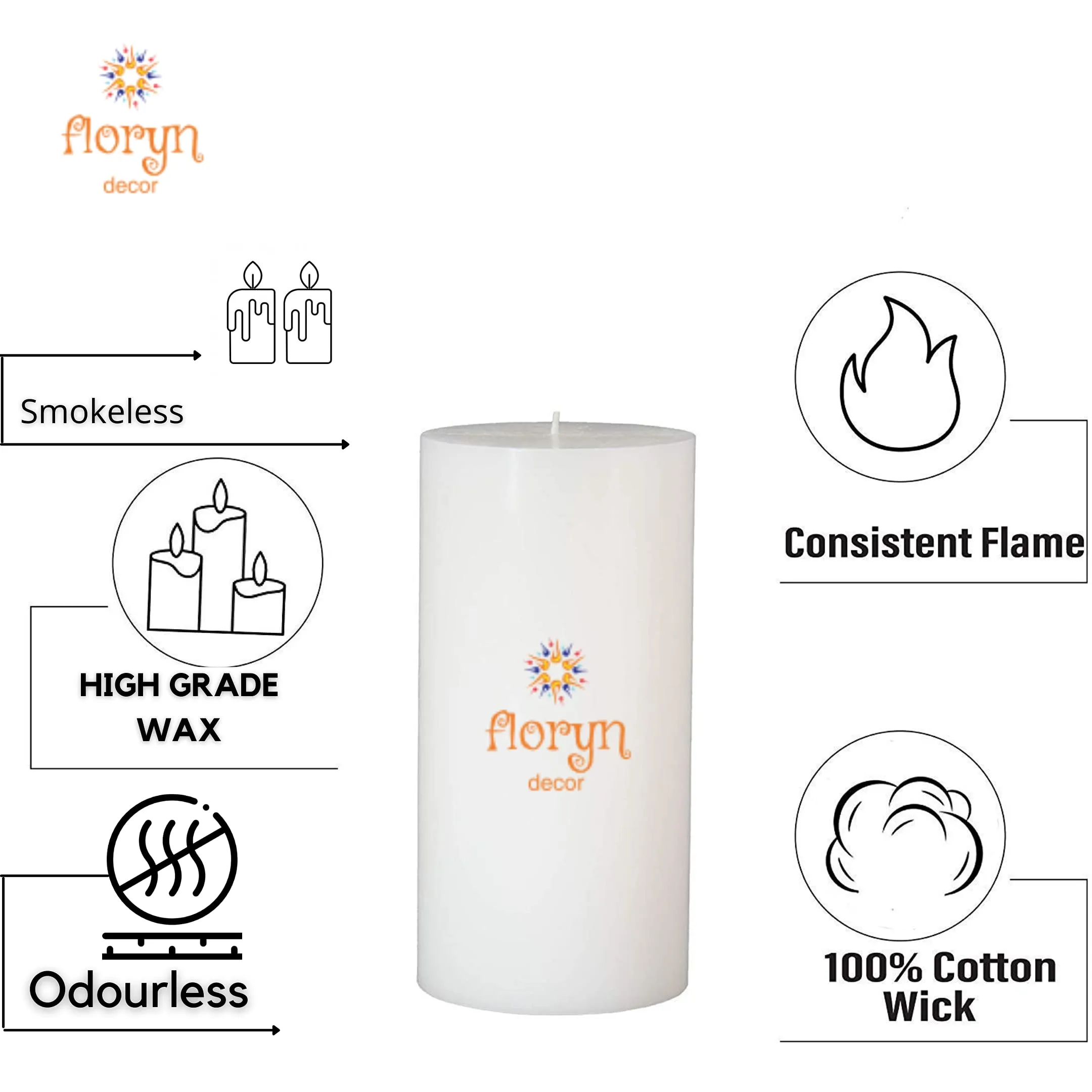 Floryn Decor White Pillar Candles Set of 4 | Smokeless | Odourless | Dripless | Long Burning Candle (Combo of 4) (3 by 3 inches)