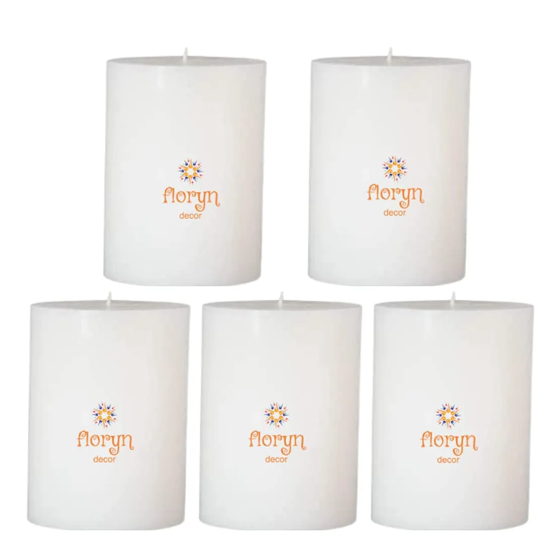 Floryn Decor White Pillar Candles Set of 5 | Smokeless | Odourless | Dripless | Long Burning Candle (Combo of 5) (3 by 3 inches)