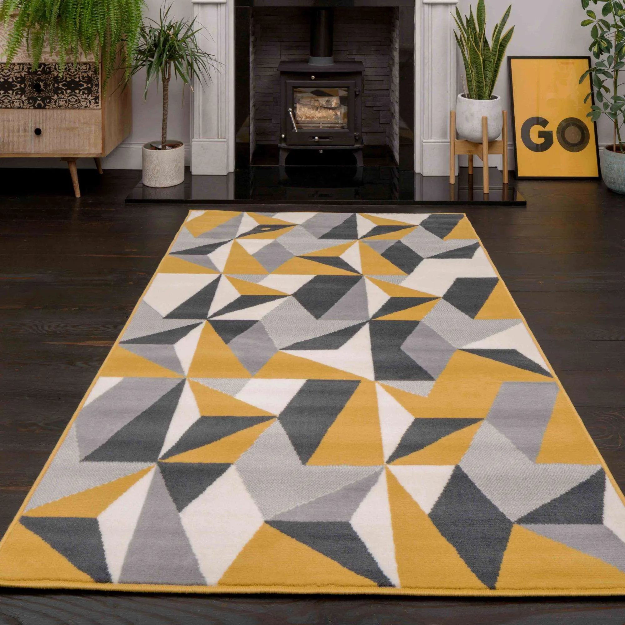 Geometric Yellow and Grey Rug