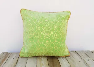 Gold foil printed, stone washed cotton velvet pillow cover, damask, green color, twisted chord edging, bohemian, standard size 16"X16"