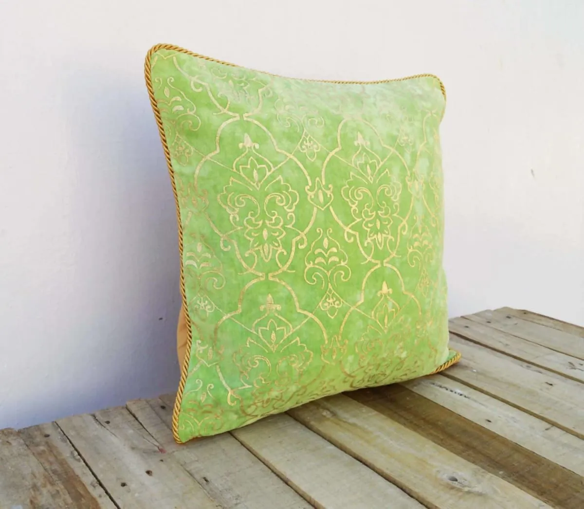 Gold foil printed, stone washed cotton velvet pillow cover, damask, green color, twisted chord edging, bohemian, standard size 16"X16"