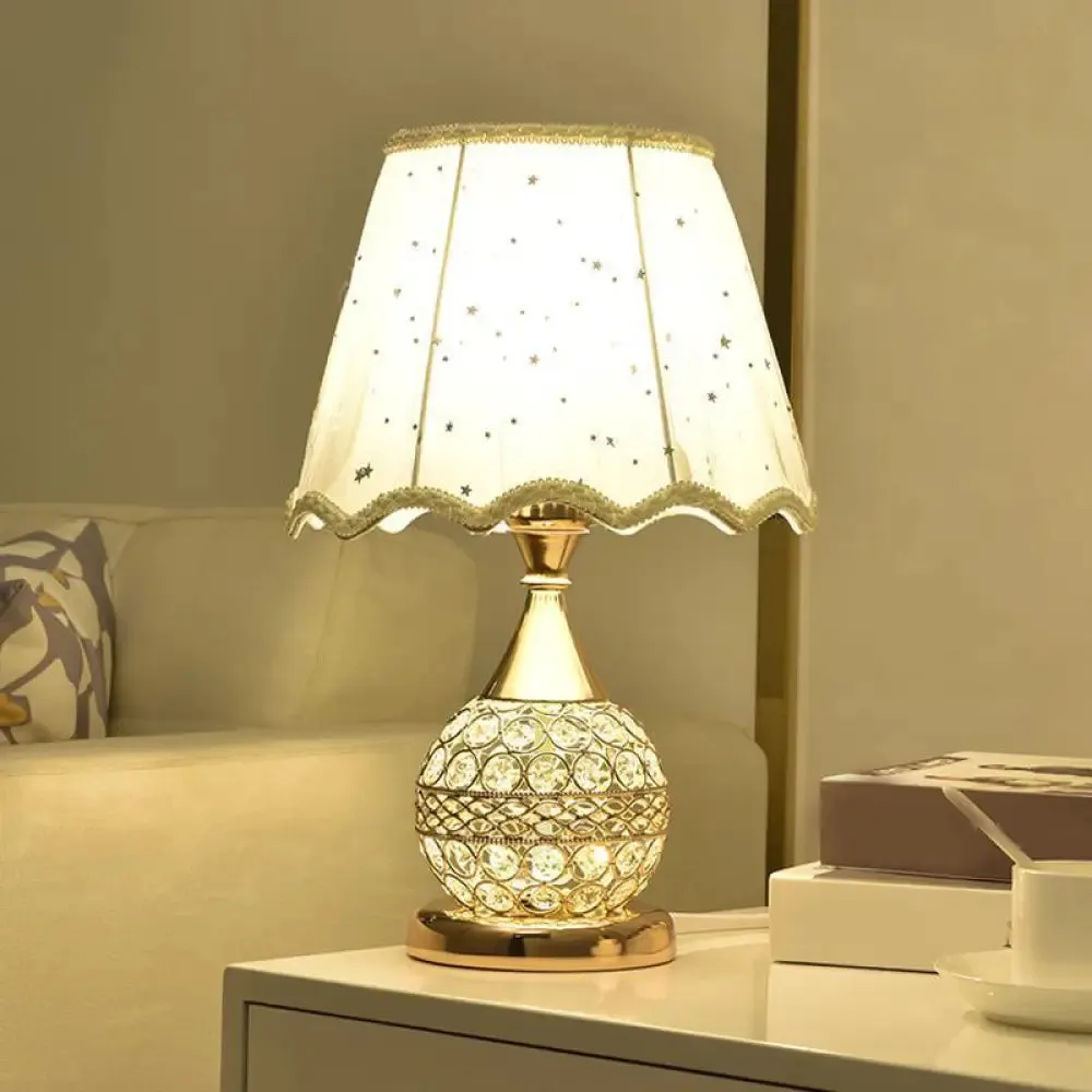 Gold Nightstand Lamp with Crystal Embedding, Traditional Table Light with Star-Patterned Shade