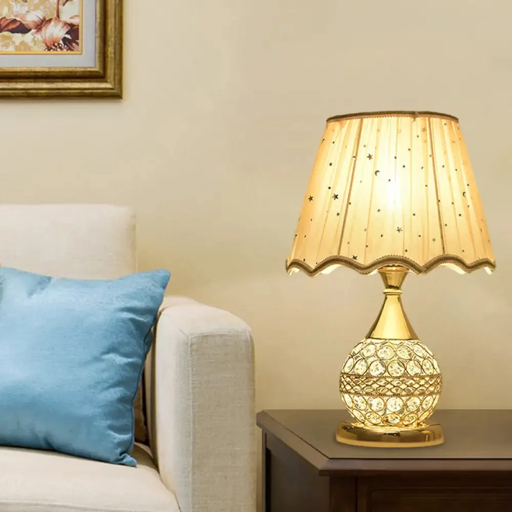 Gold Nightstand Lamp with Crystal Embedding, Traditional Table Light with Star-Patterned Shade