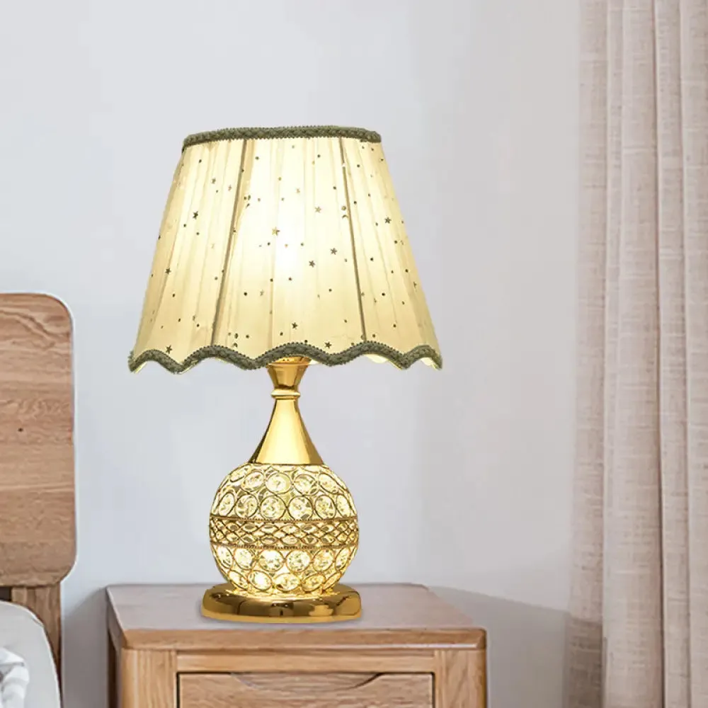 Gold Nightstand Lamp with Crystal Embedding, Traditional Table Light with Star-Patterned Shade