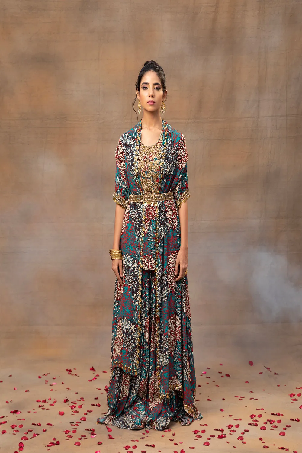 Green Printed Embroidered Short Kurta, Sharara, Cape And Belt Set