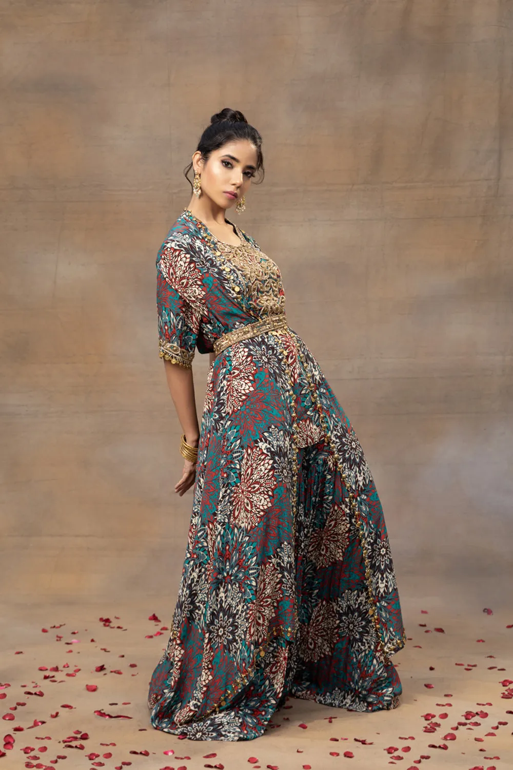 Green Printed Embroidered Short Kurta, Sharara, Cape And Belt Set