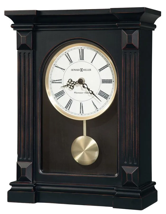 Howard Miller Mia Chiming Pendulum Mantel Clock - Worn Black Finish - White Dial