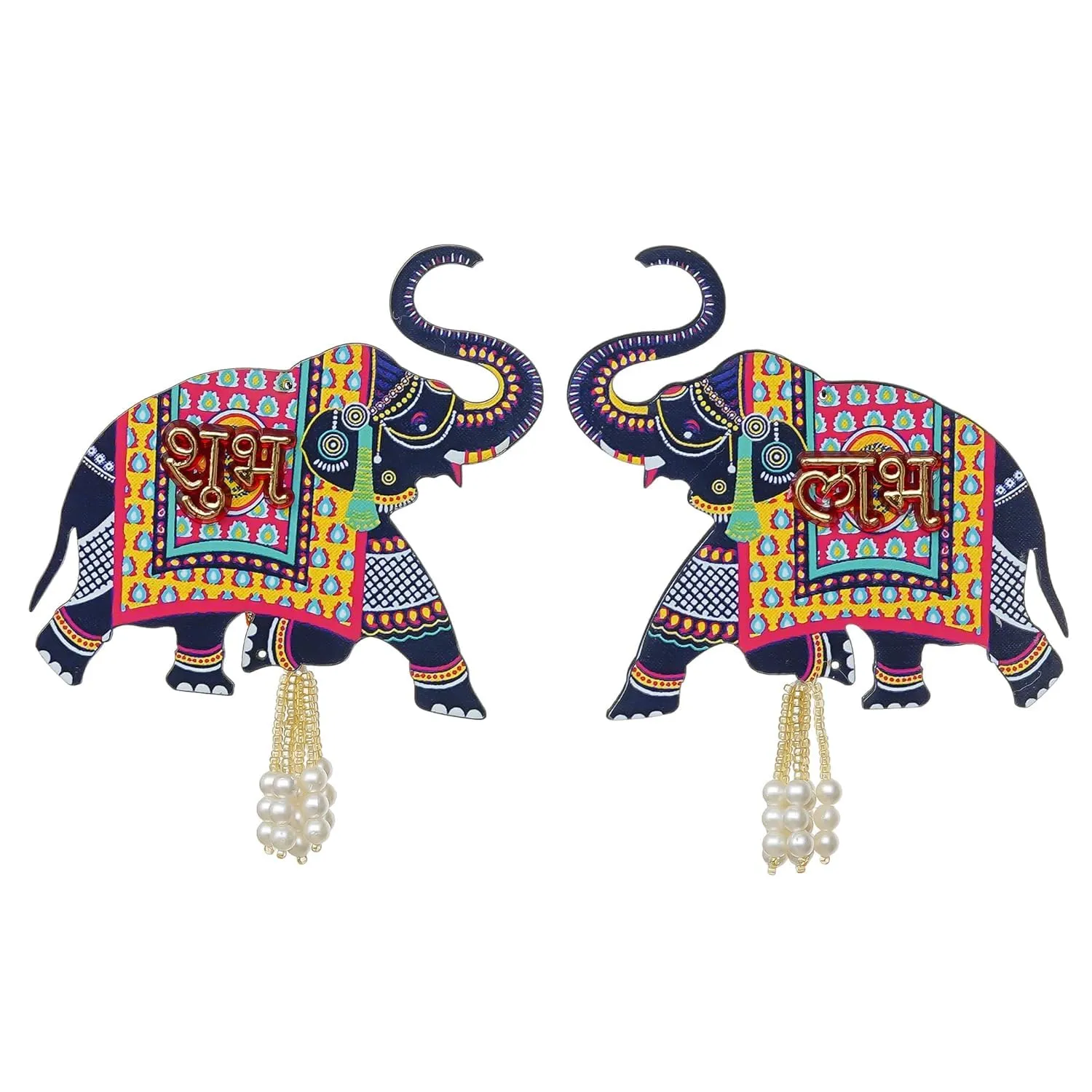 KamlaArt Handmade Elephant Designer Set of 2 with Shubh Labh Wall Hanging for Diwali Decoration|Pooja Temple Decor Hanging Home and Office Decor| Temple Decor Hanging