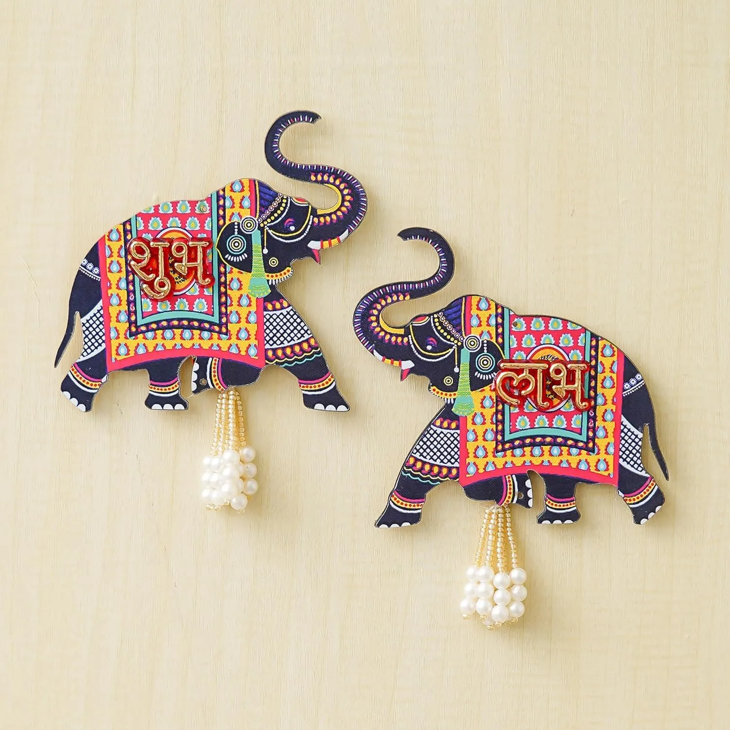 KamlaArt Handmade Elephant Designer Set of 2 with Shubh Labh Wall Hanging for Diwali Decoration|Pooja Temple Decor Hanging Home and Office Decor| Temple Decor Hanging