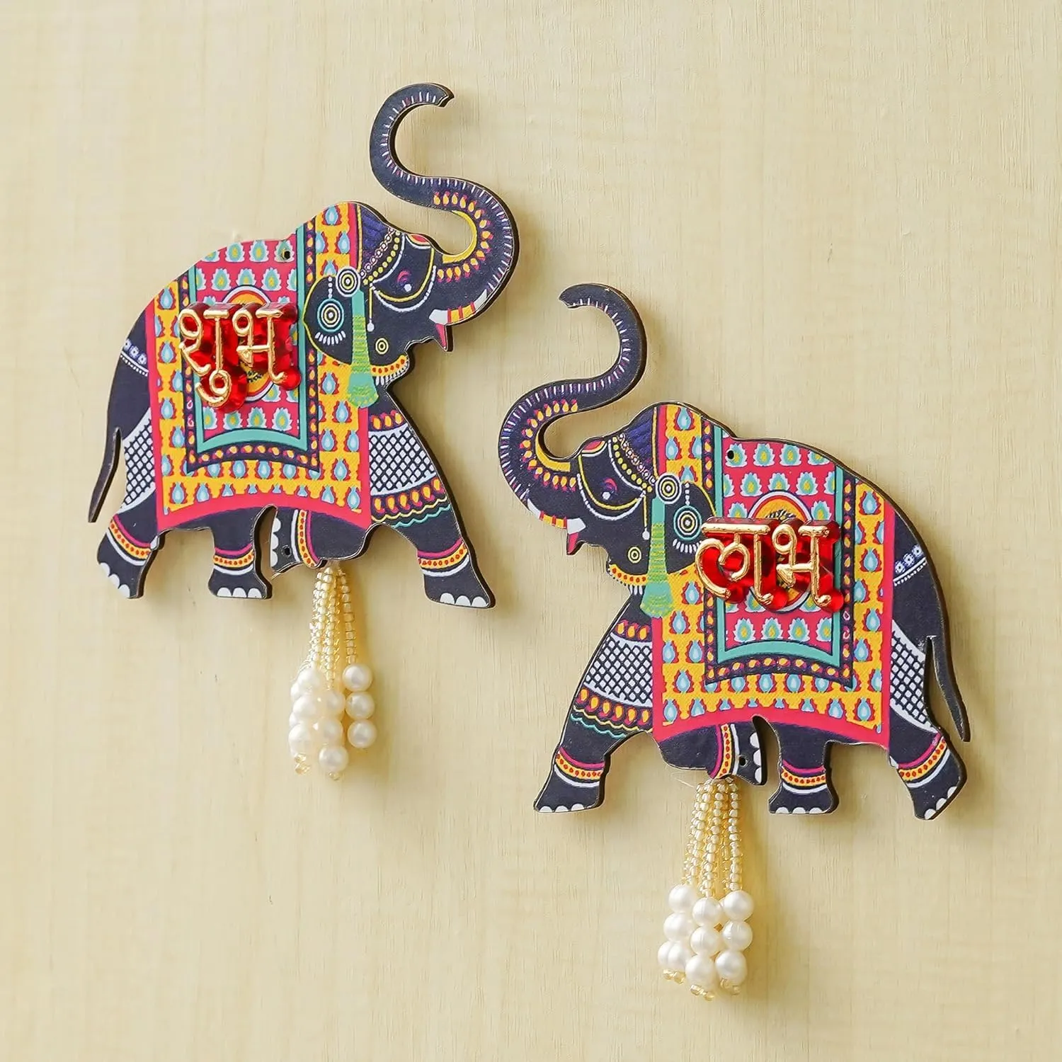 KamlaArt Handmade Elephant Designer Set of 2 with Shubh Labh Wall Hanging for Diwali Decoration|Pooja Temple Decor Hanging Home and Office Decor| Temple Decor Hanging