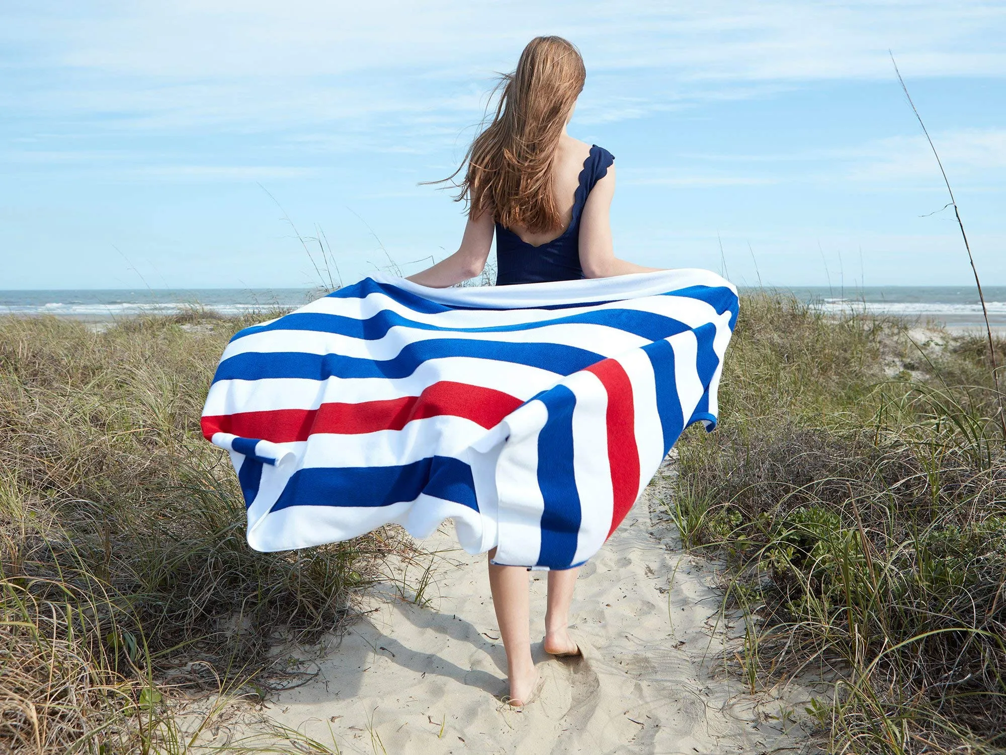 Laguna Beach Textile Co. Striped Cabana Beach Towel - Oversized, Plush 630 GSM Cotton - Red, White and Blue