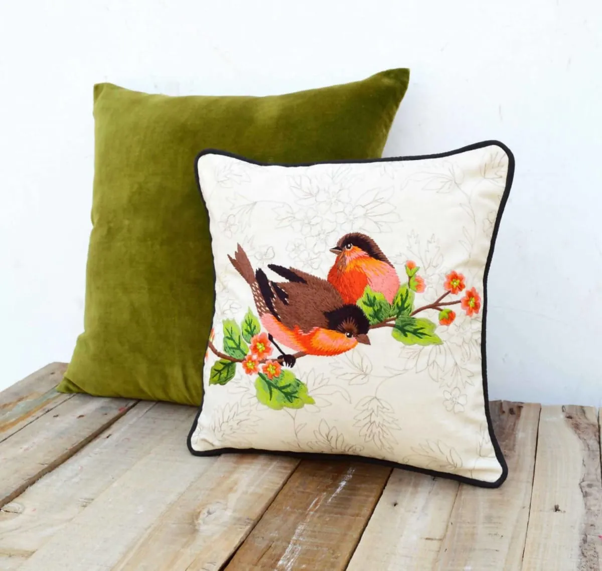 Love Birds pillow, embroidered, cotton throw pillow, 12X12 inches