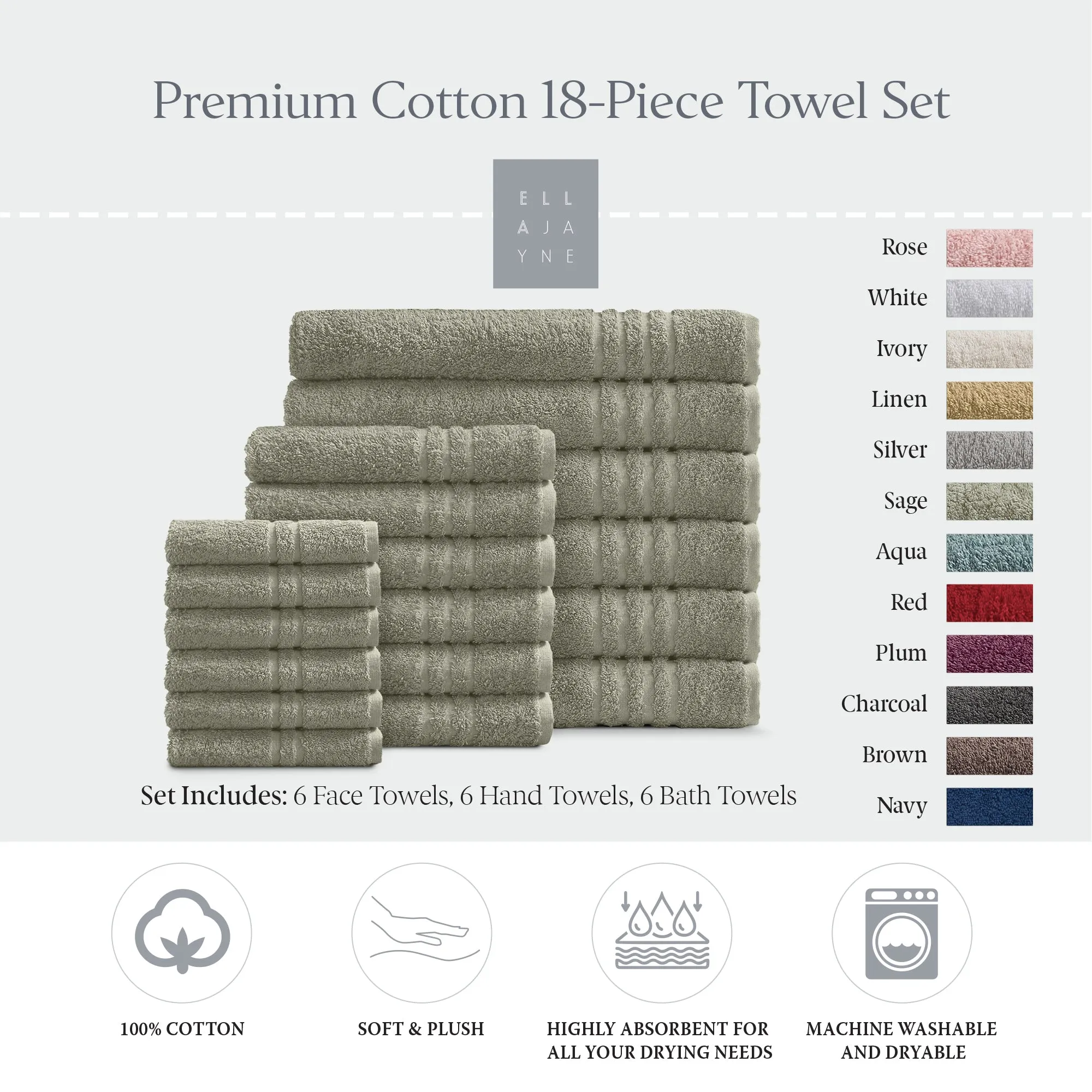 Luxury Cotton 18-Piece Face-Hand-Body Towel Set