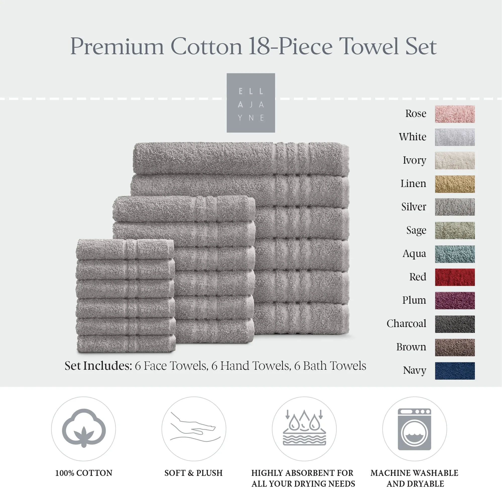 Luxury Cotton 18-Piece Face-Hand-Body Towel Set