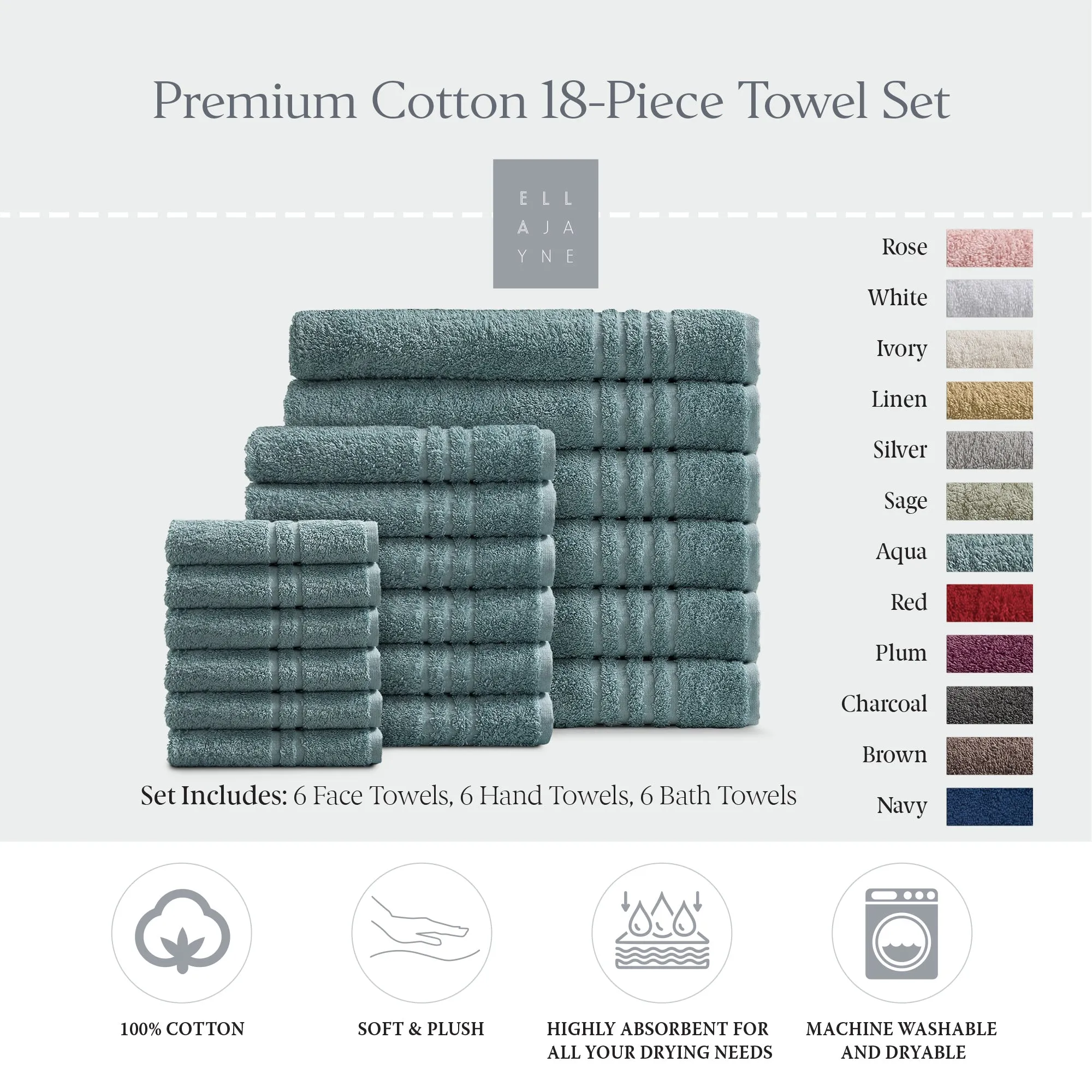 Luxury Cotton 18-Piece Face-Hand-Body Towel Set