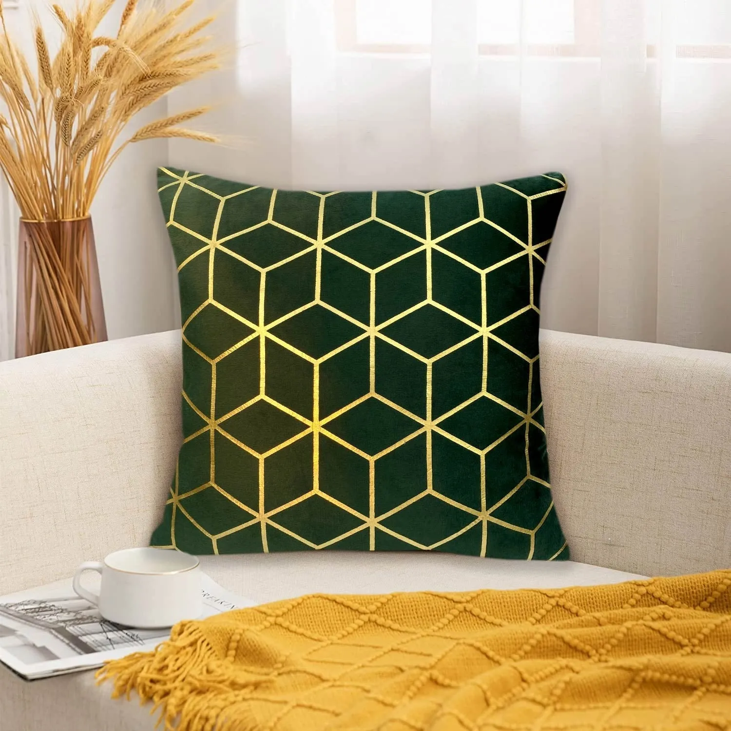 Luxury Foil Print Green and Golden Velvet Cushion 16 x 16 inches 1040057