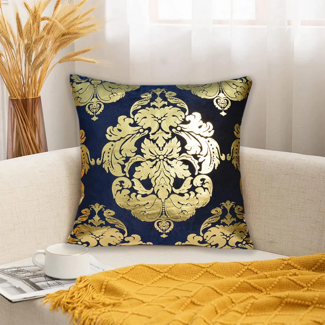 Luxury Foil Print Navy Blue and Golden Velvet Cushion 16 x 16 inches 1040064