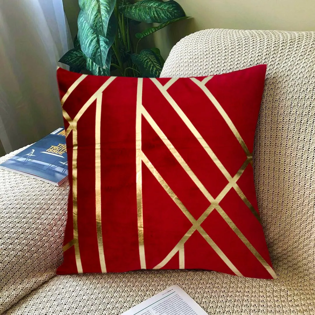 Luxury Foil Print Red and Golden Velvet Cushion 16 x 16 inches 1040005