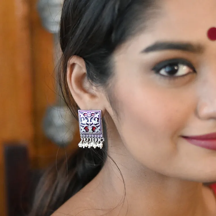 Miniature Red Enamel Silver Earrings