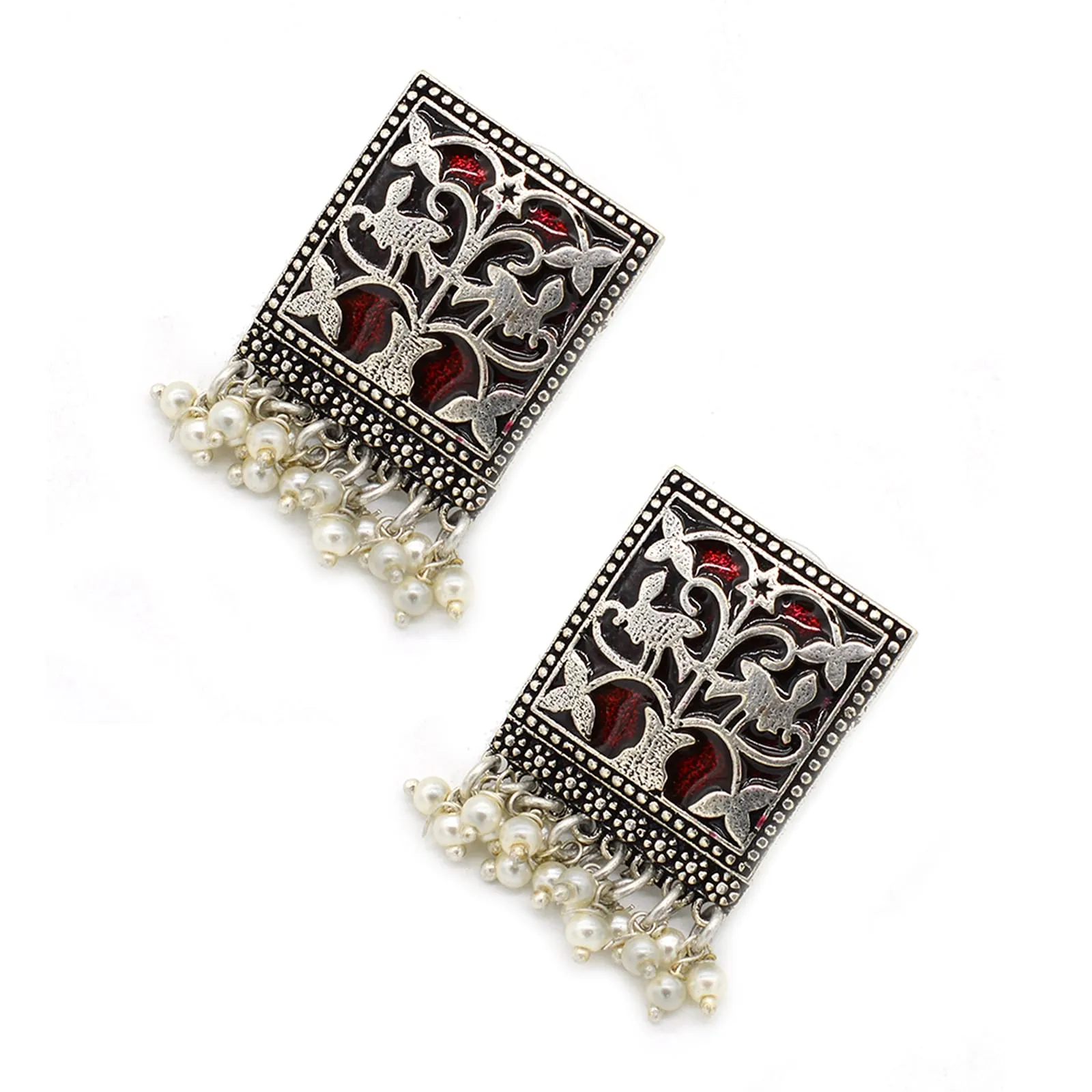 Miniature Red Enamel Silver Earrings