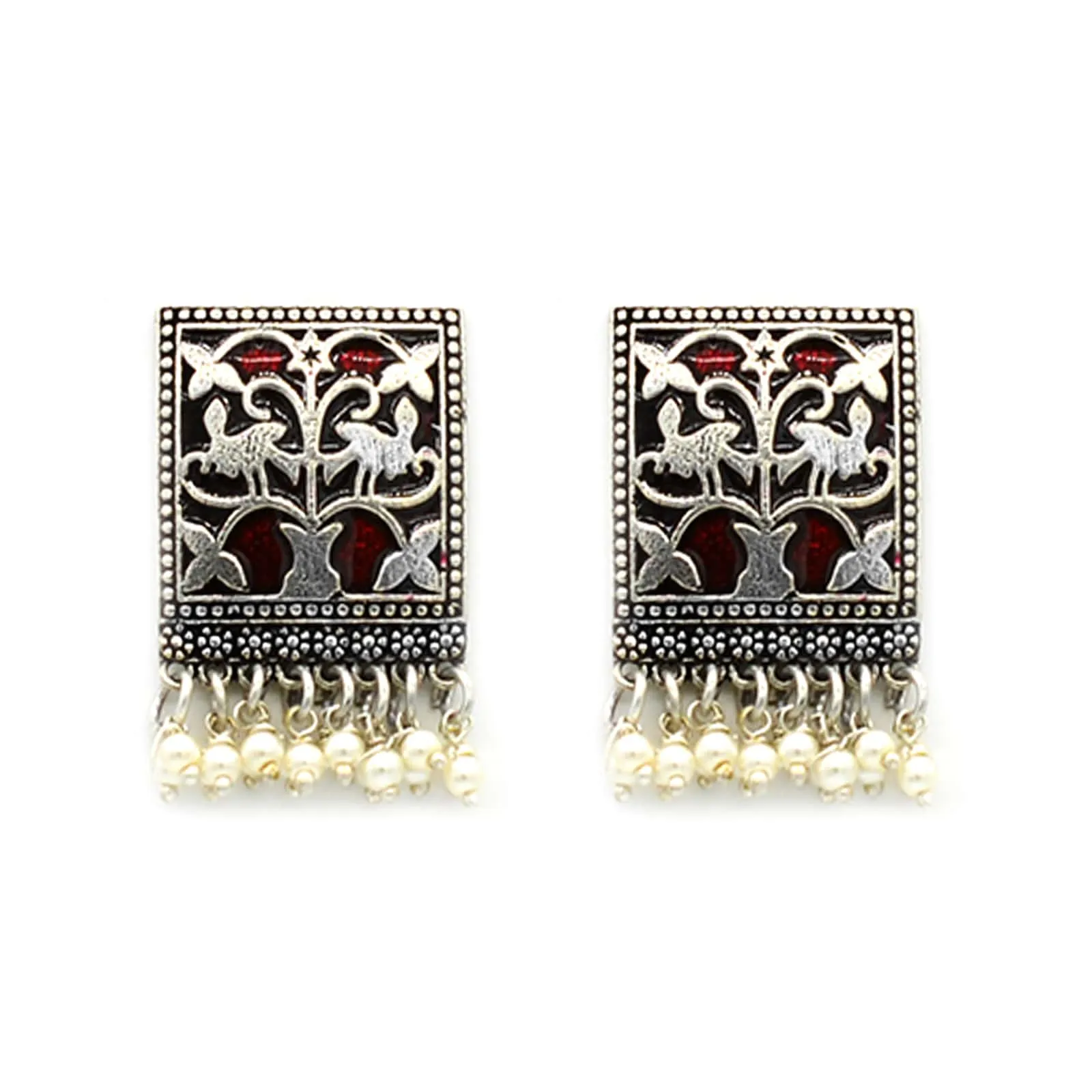 Miniature Red Enamel Silver Earrings