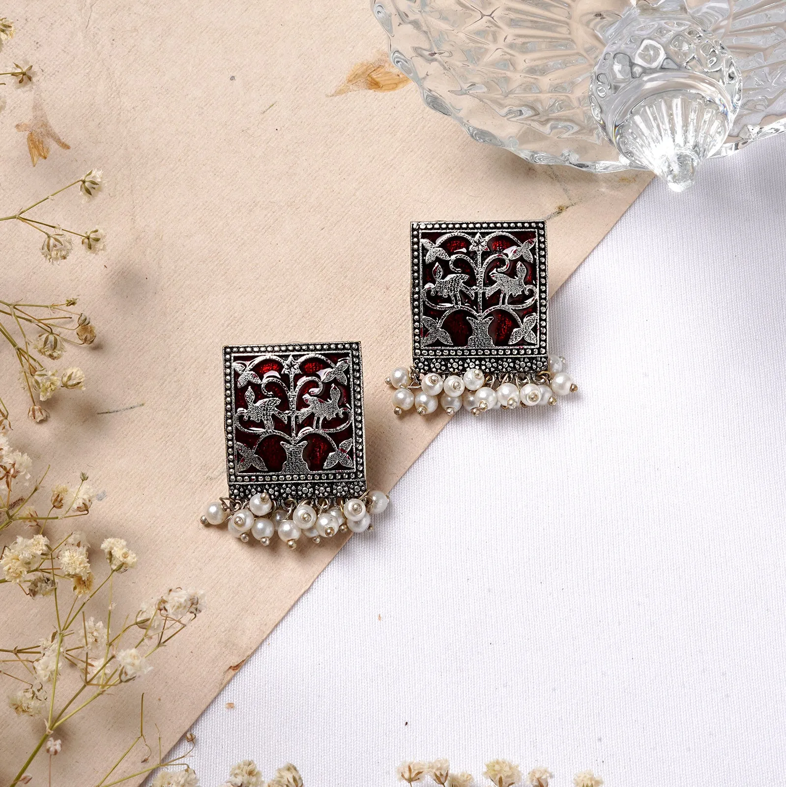 Miniature Red Enamel Silver Earrings