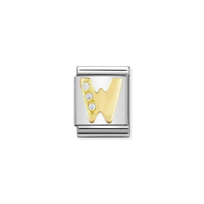 Nomination Composable Big Link Letter W, Cubic Zirconia, 18K Gold