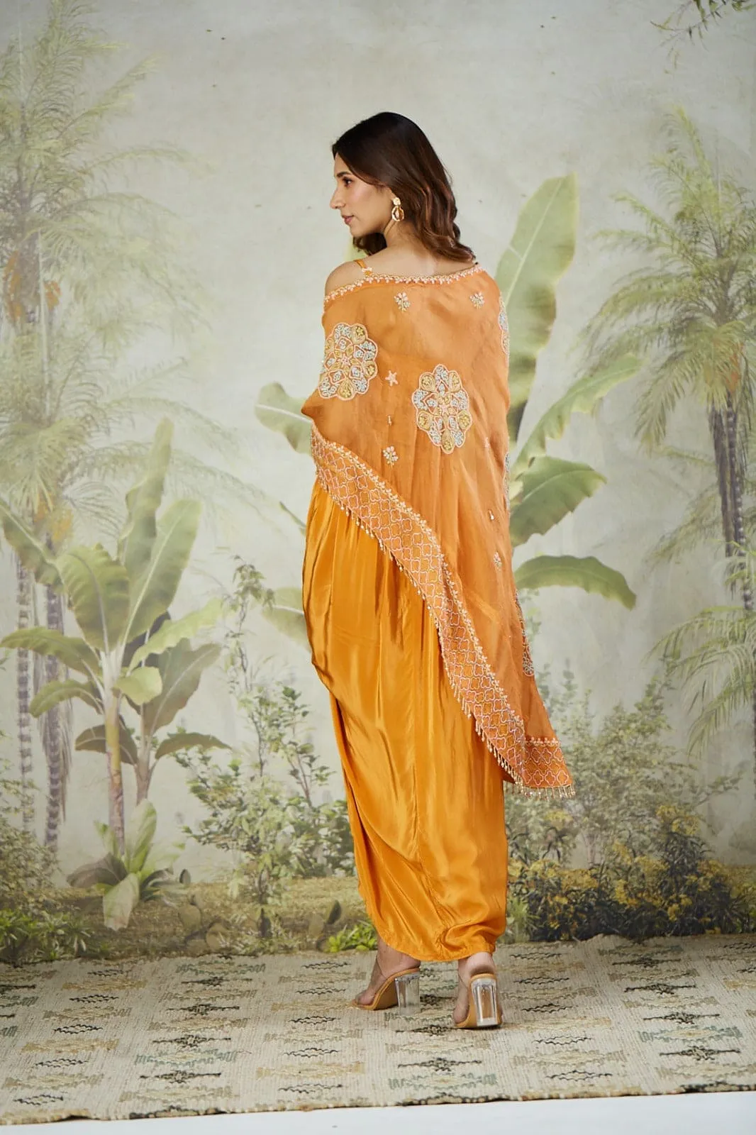 Orange Organza Silk Cape with Drape Skirt