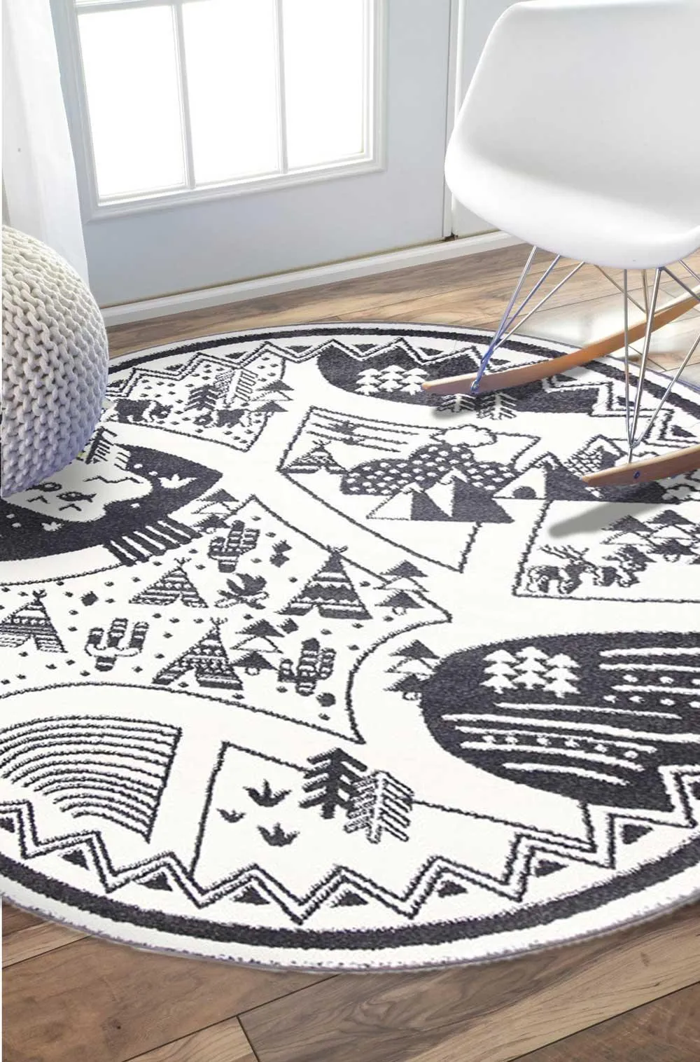 Piccolo Black and White Kids Camping Adventure Kids Rug 133x133cm Round