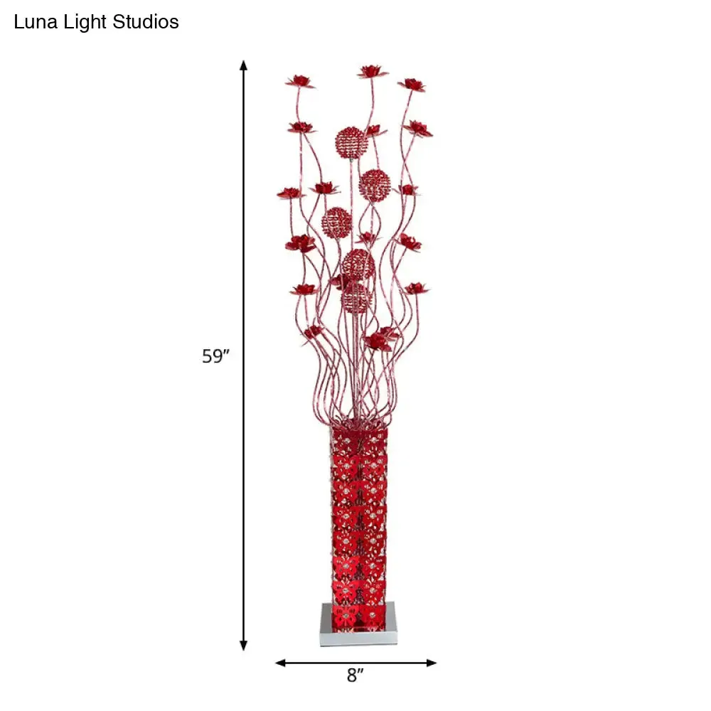 Red LED Flower Décor Floor Lamp - Metal Cuboid Standing Light with Crystal Embellishments