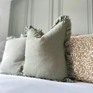 Ruffled Edge Khaki Green Square Linen Cushion 45x45cm