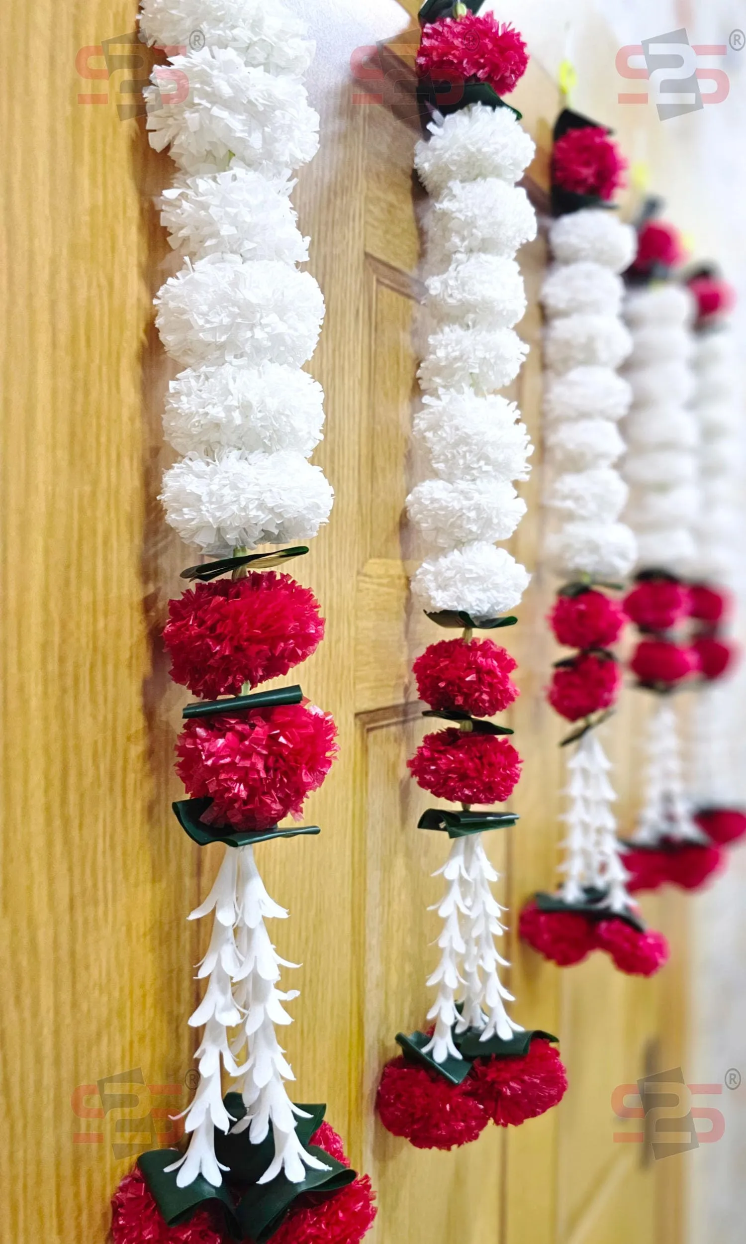 S2S Artificial Marigold Jasmine, Mogra, Green Leaves Tassles Garlands Ladi Strings for Decoration of Home, Balcony, Wall Hangings, Hall | Pack of 5 | (RED White Marigold)(Height - 24 Inch)