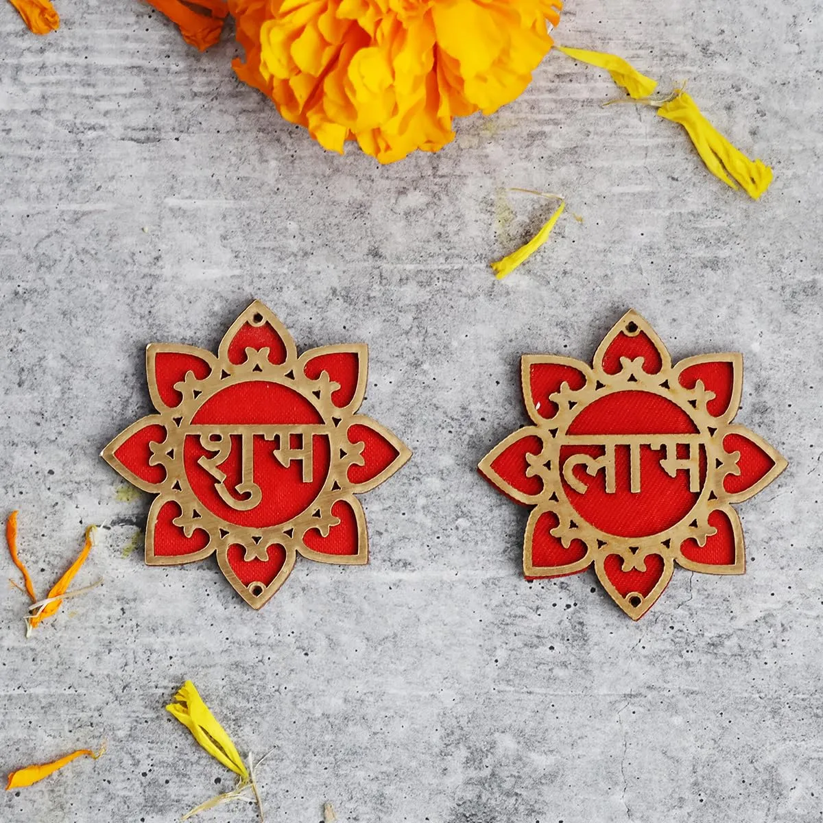 Shubhnajali MDF Floral Shubh Labh Sticker for Wall Decor 1 Pair |Unique Sticker for Main Door Entrance Diwali Mandir Temple Festival Decoration