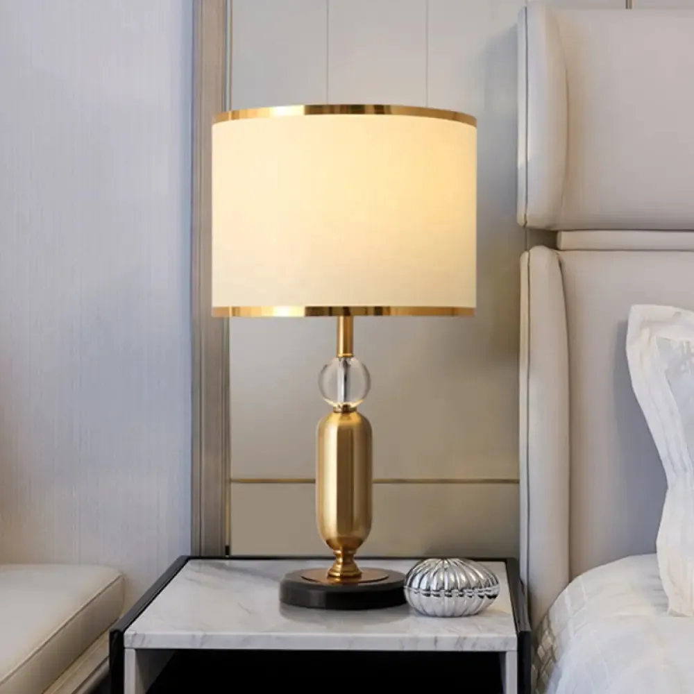 Traditional Clear Crystal Drum Shade Table Lamp - Elegant 1-Light White Nightstand Lighting