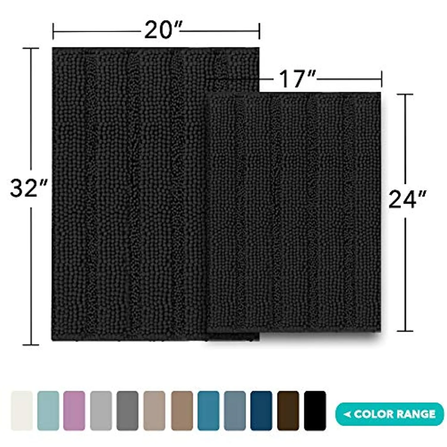 Turquoize Non Slip Shaggy Bathroom Rugs Black Bath Rugs for Bathroom Chenille Bath Rugs for Bathroom Sets 2 Piece Bath Mat Set Super Absorbent Shower Rug for Tub Mats