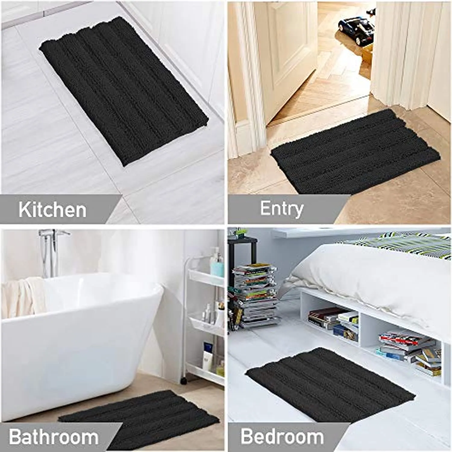 Turquoize Non Slip Shaggy Bathroom Rugs Black Bath Rugs for Bathroom Chenille Bath Rugs for Bathroom Sets 2 Piece Bath Mat Set Super Absorbent Shower Rug for Tub Mats